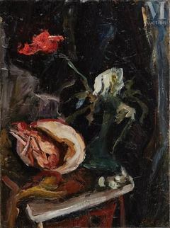 Nature morte à la langoustine et aux fleurs