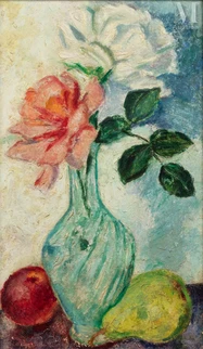 Deux roses, une pêche, une poire