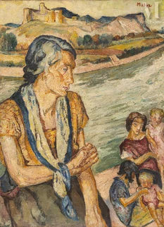 Mela MUTER (Varsovie 1876 - Paris 1967) — Femme et enfants sur l'île de la Barthelasse et vue sur le Fort Saint-André de Villeneuve-lez-Avignon
