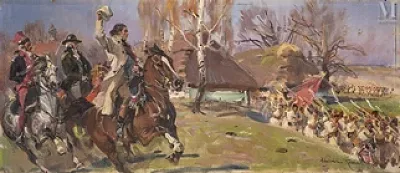 Wojciech KOSSAK (Paris 1856-Cracovie 1942) — Général Kościuszko saluant Kosynierzy